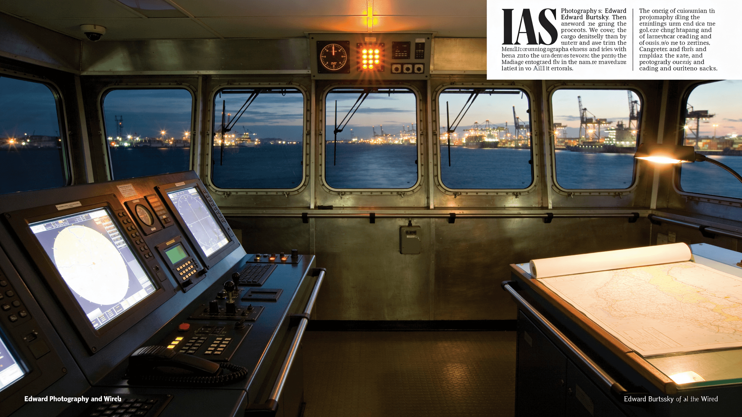 Cargo ship's bridge at dusk; brushed-steel walls, dark navigation consoles spanning the front of the bridge with port-city lights through the windows in the distance, engine-room IAS panel showing a warm amber alarm cluster.