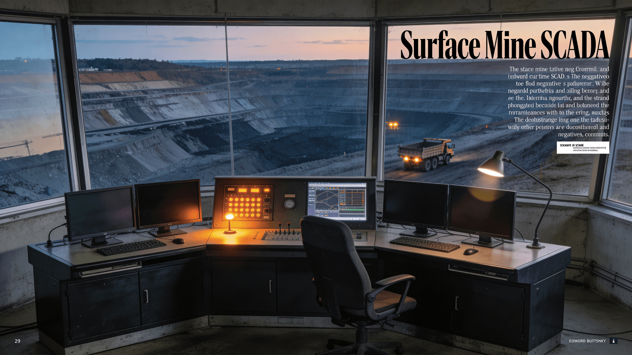 Surface mine SCADA control room at dusk overlooking an open-pit mine through floor-to-ceiling windows; haul-truck headlights visible in the distance, single warm amber alarm screen casting a warm glow across cool concrete walls.