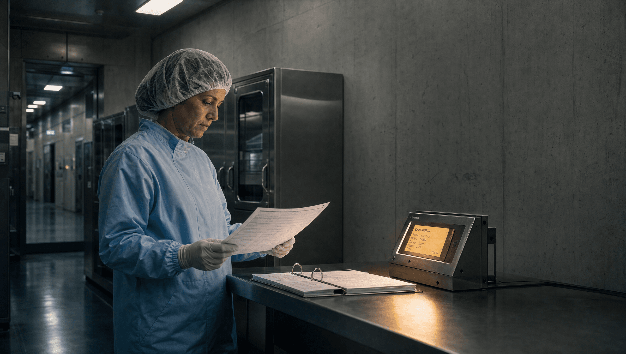 Pharmaceutical cleanroom workstation at dusk; gowned operator reviewing a batch record under overhead clean-room lighting with a single warm amber console screen glow against stainless-steel cabinets and concrete walls.