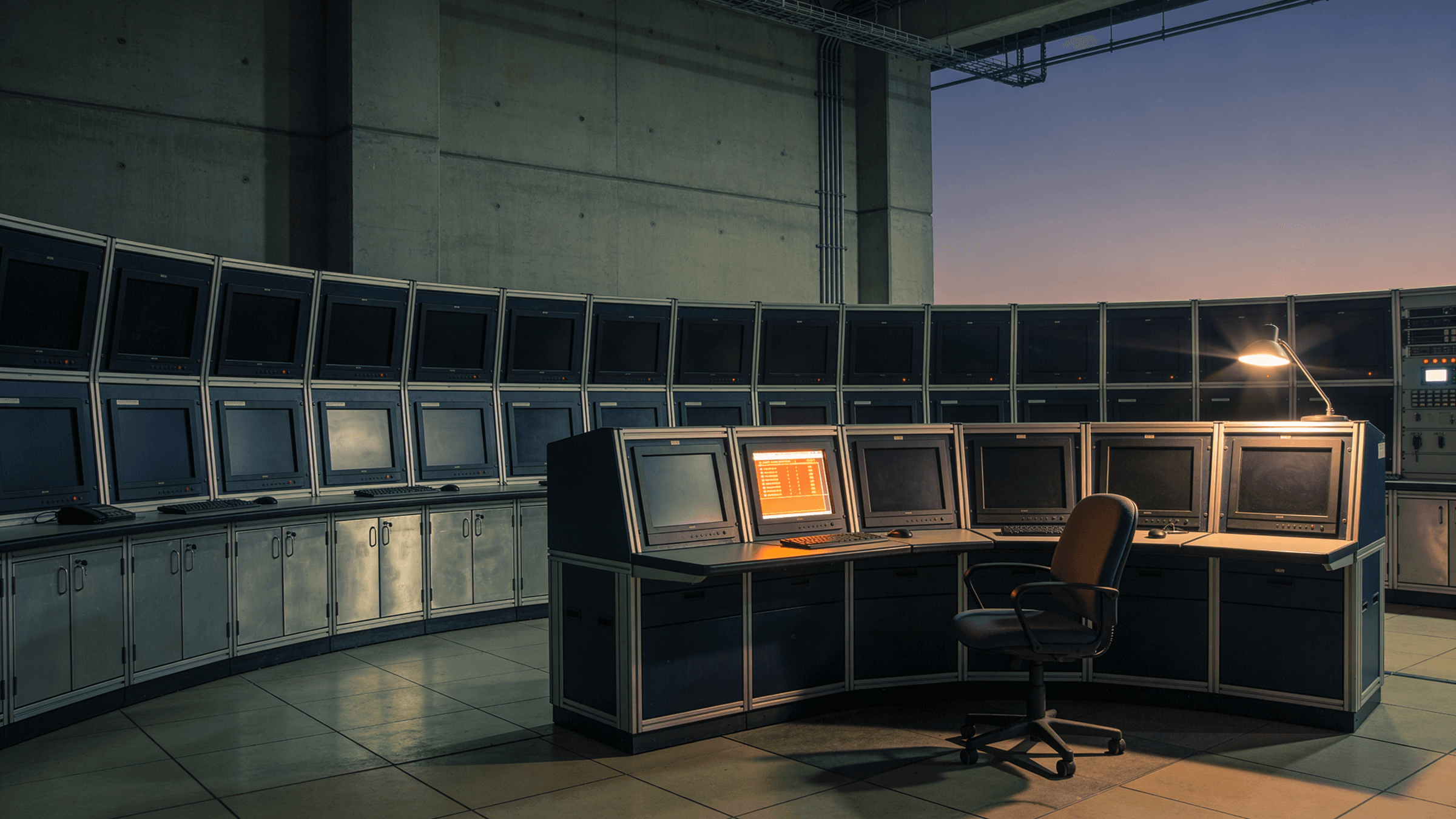 Power utility NERC dispatch control room at dusk; bank of telemetry monitors mostly dim with one warm amber alarm screen casting a single warm glow against cool concrete and brushed-steel.