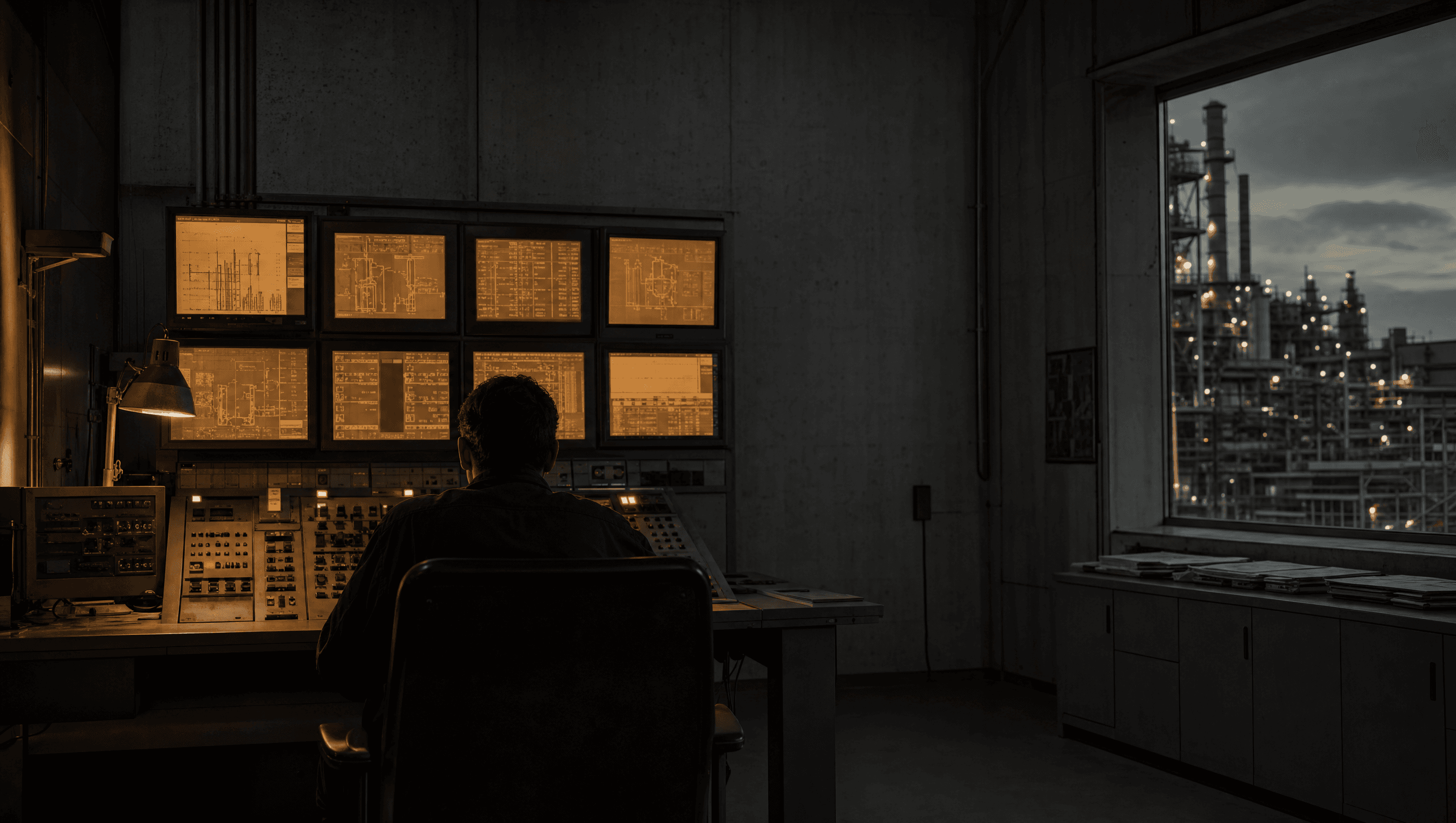 Refinery operator at dusk reviewing a control-room HMI; warm tungsten light against cool concrete and steel.